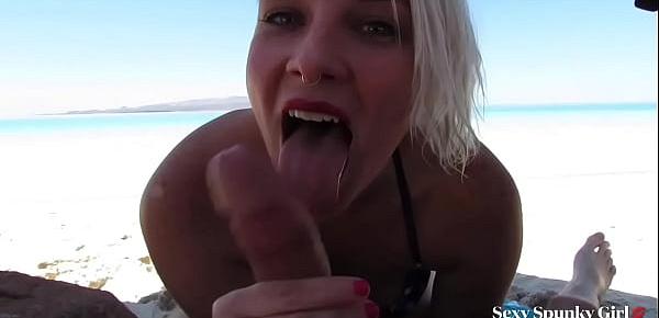  Blonde Gives Public Sloppy Beach Blowjob until Man Cums on Her Erect Big Nipples